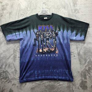 Vintage KISS Shirt Mens XL Tie Dye Destroyer Graphic Made USA Liquid Blue 00s